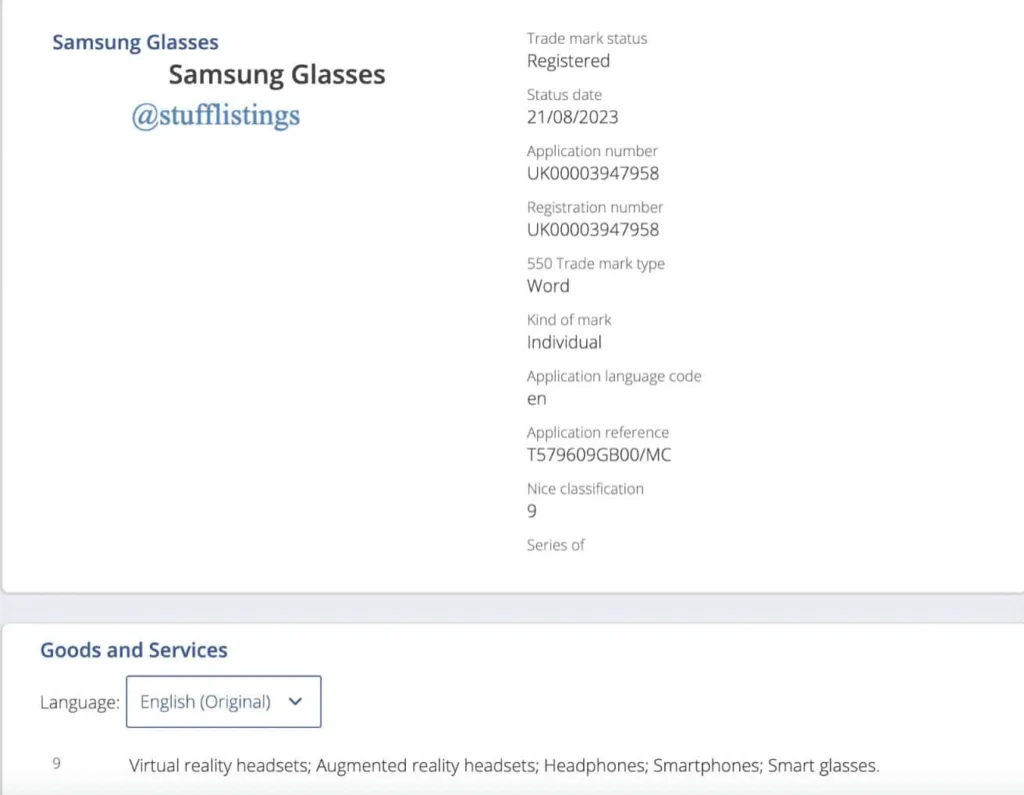 Samsung filed a trademark for Samsung Glasses (VR/AR)