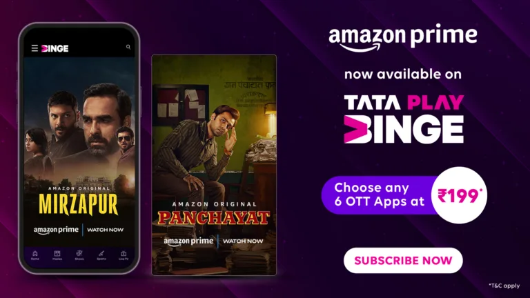 Amazon Prime and Tata Play – Plans & Benefits DTH Packs and Prime Lite with Tata Play Access Prime Video content on any 2 screens (mobile or TV) Access to exclusive deals and free shipping on Amazon Available as a bundle with linear TV packs Price – Starting at INR 199 per month Prime Lite with Tata Play Binge Access Prime Video content on any 2 screens (mobile or TV) Access to exclusive deals and unlimited same day and next day delivery across millions of products Select 6 OTT apps, including Prime Lite at INR 199 per month, or enjoy all 33 apps, including Prime Lite, at INR 349 per month