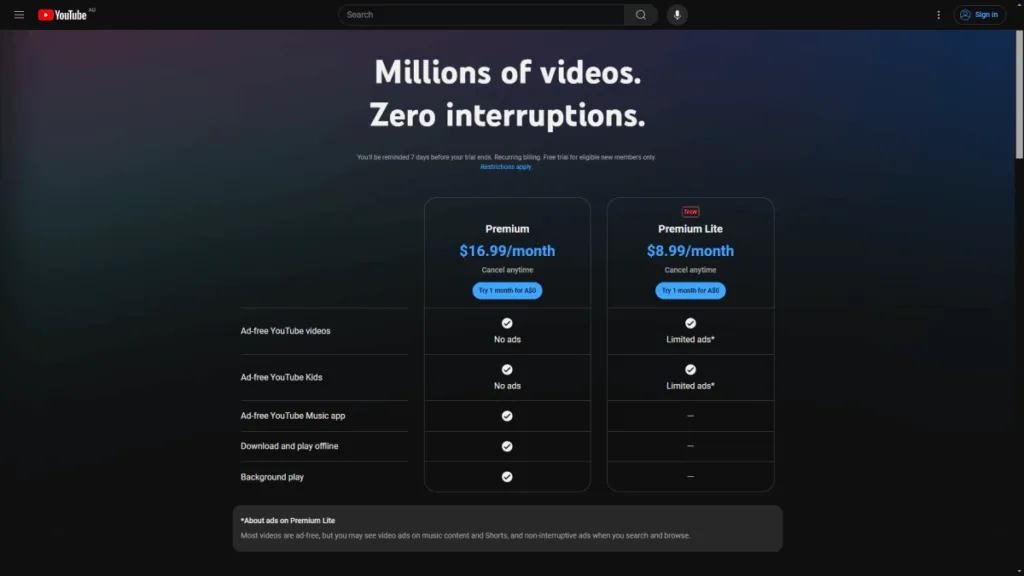 YouTube Premium Lite