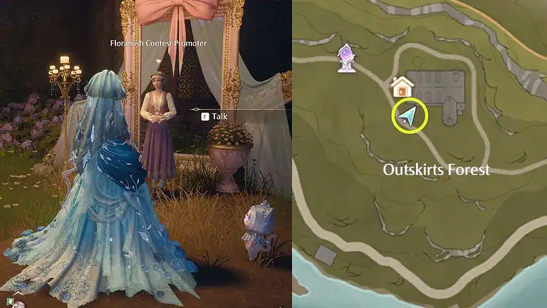 Fairy tale character in medieval outfit with a map location of Outskirts Forest.